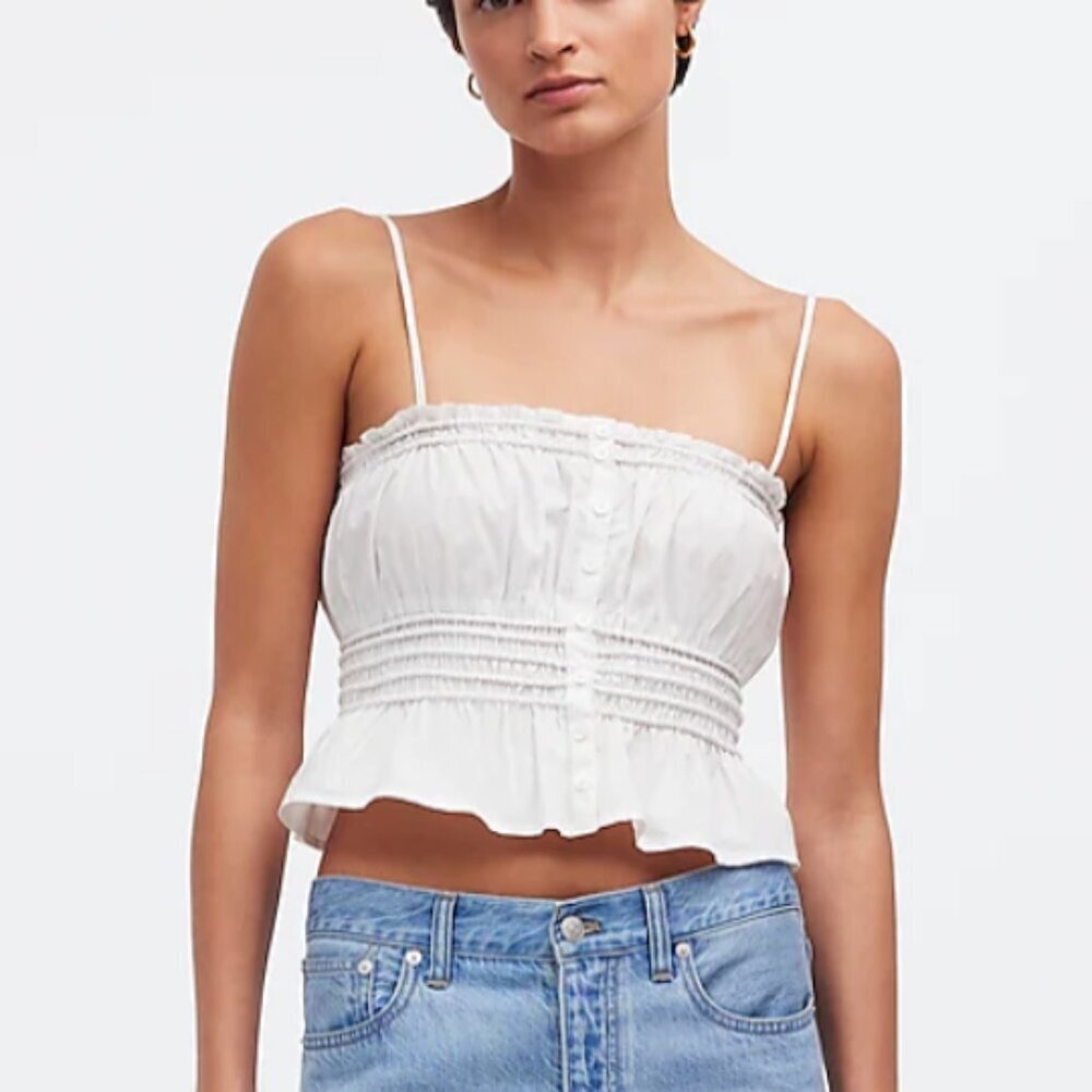 Madewell White Smocked Ruffle Cropped Cami